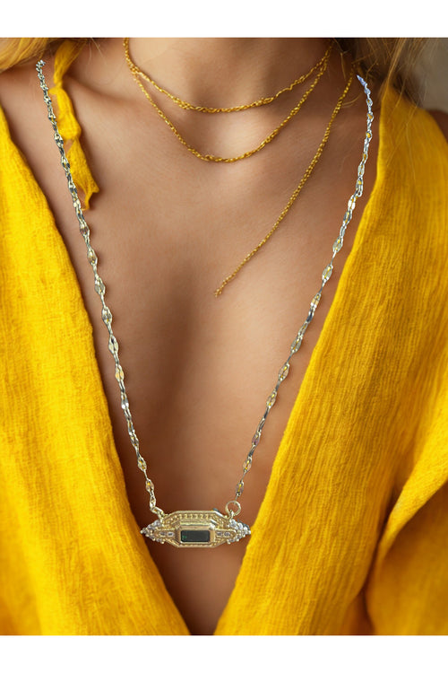 Art Deco Zümrüt Yeşil Gold Çelik Kolye