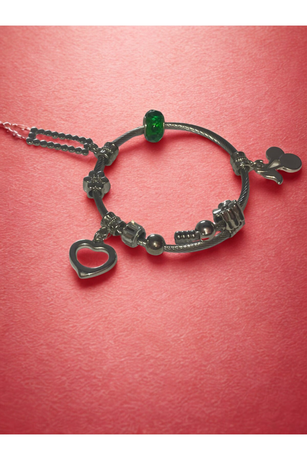 Kalp Charm Gümüş Renk Kelepçe Bileklik